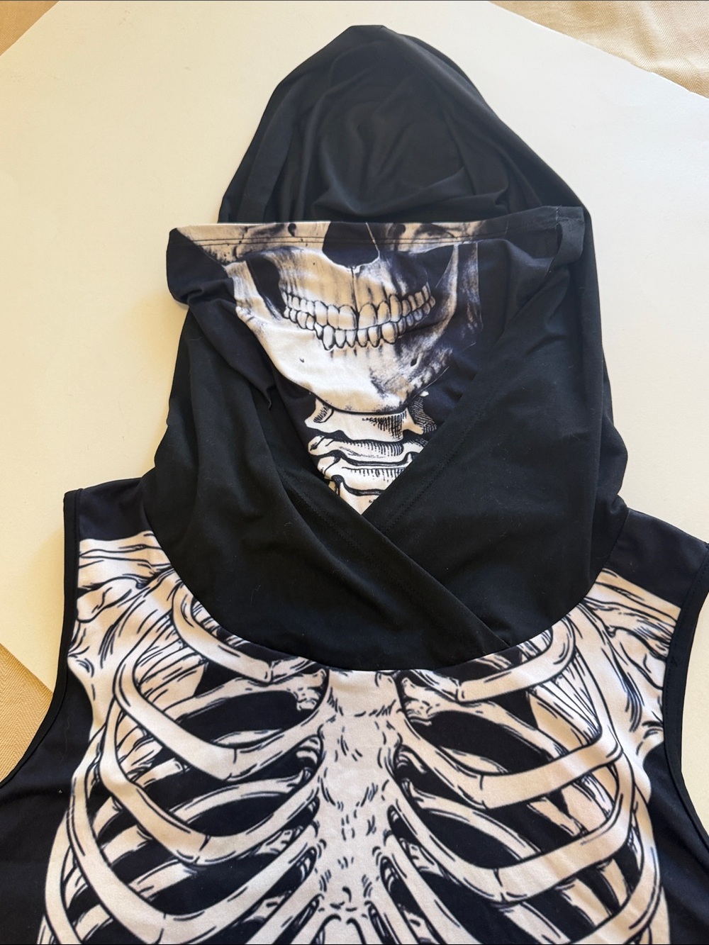 Sleeveless Black Hoodie Tank, mask hooks on ears , White Skeleton Print, size XL